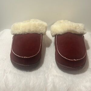 Burgundy HomeTop slippers.